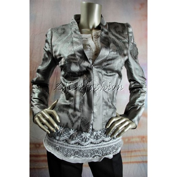 $1395 NWT ESCADA Gray Silver Steel Metallic Polyester Silk Art Crop Jacket 10